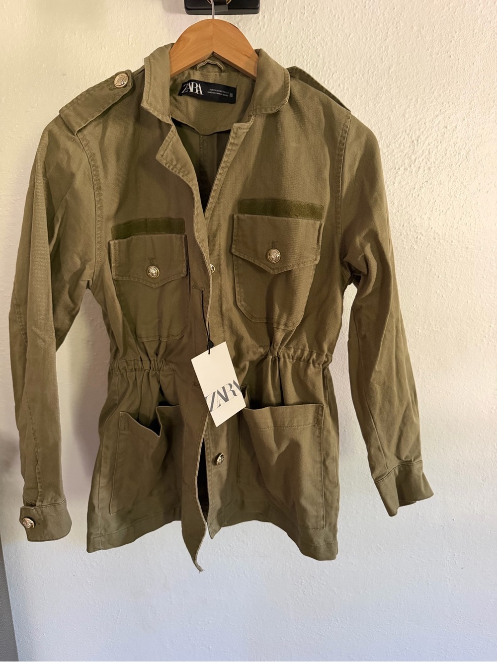 Zara Women’s Utility Jacket XS Olive Green Military Cargo Drawstring Waist NWT
